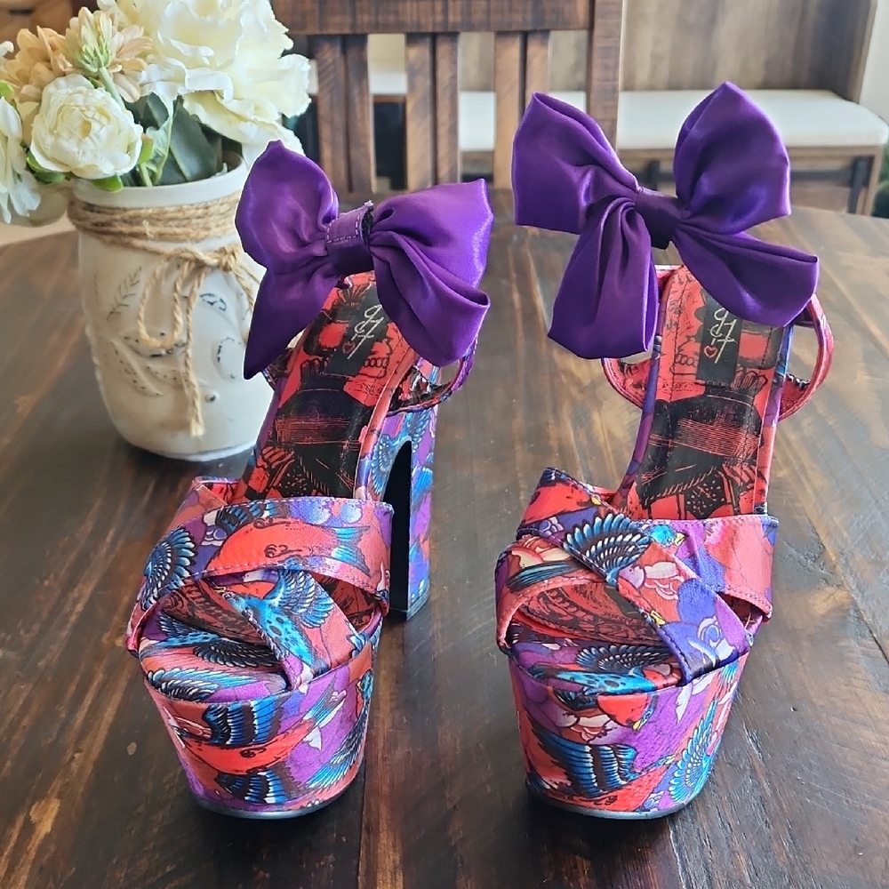 Iron Fist Colorful Platform Heels with Purple Bows